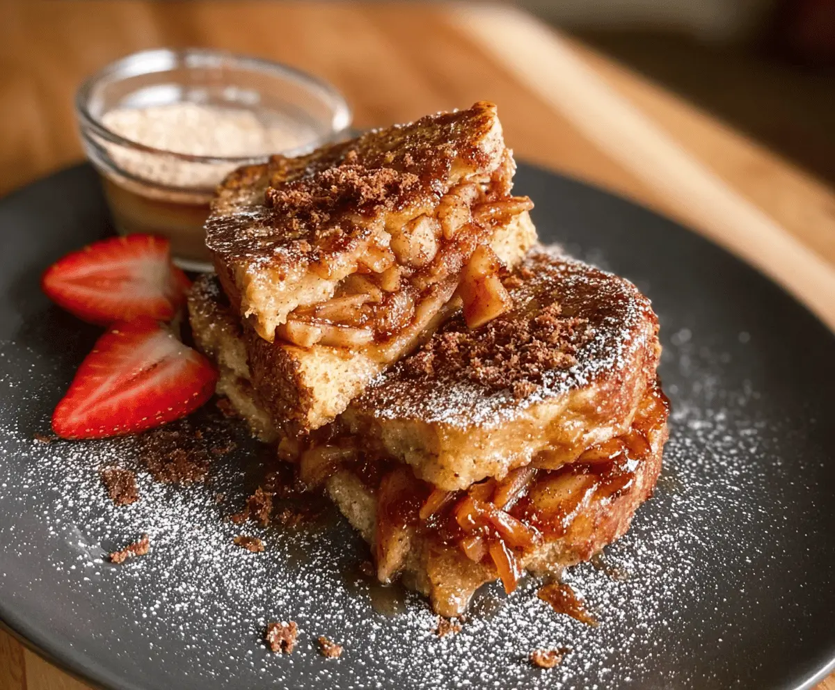 Delicious stuffed apple pie French toast topped with whipped cream and cinnamon, served on a plate for breakfast or brunch.