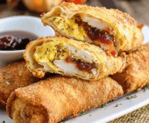 Delicious Thanksgiving egg rolls filled with turkey, stuffing, and cranberry sauce, served as a festive appetizer