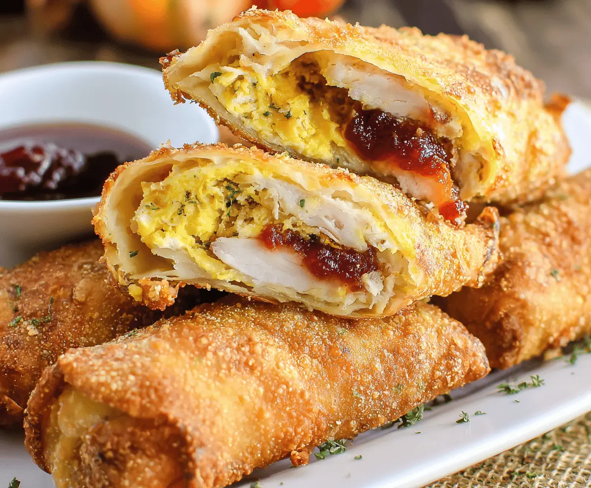 Delicious Thanksgiving egg rolls filled with turkey, stuffing, and cranberry sauce, served as a festive appetizer