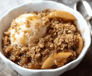 Delicious homemade apple crisp with golden brown topping and fresh apple slices, perfect for fall desserts.