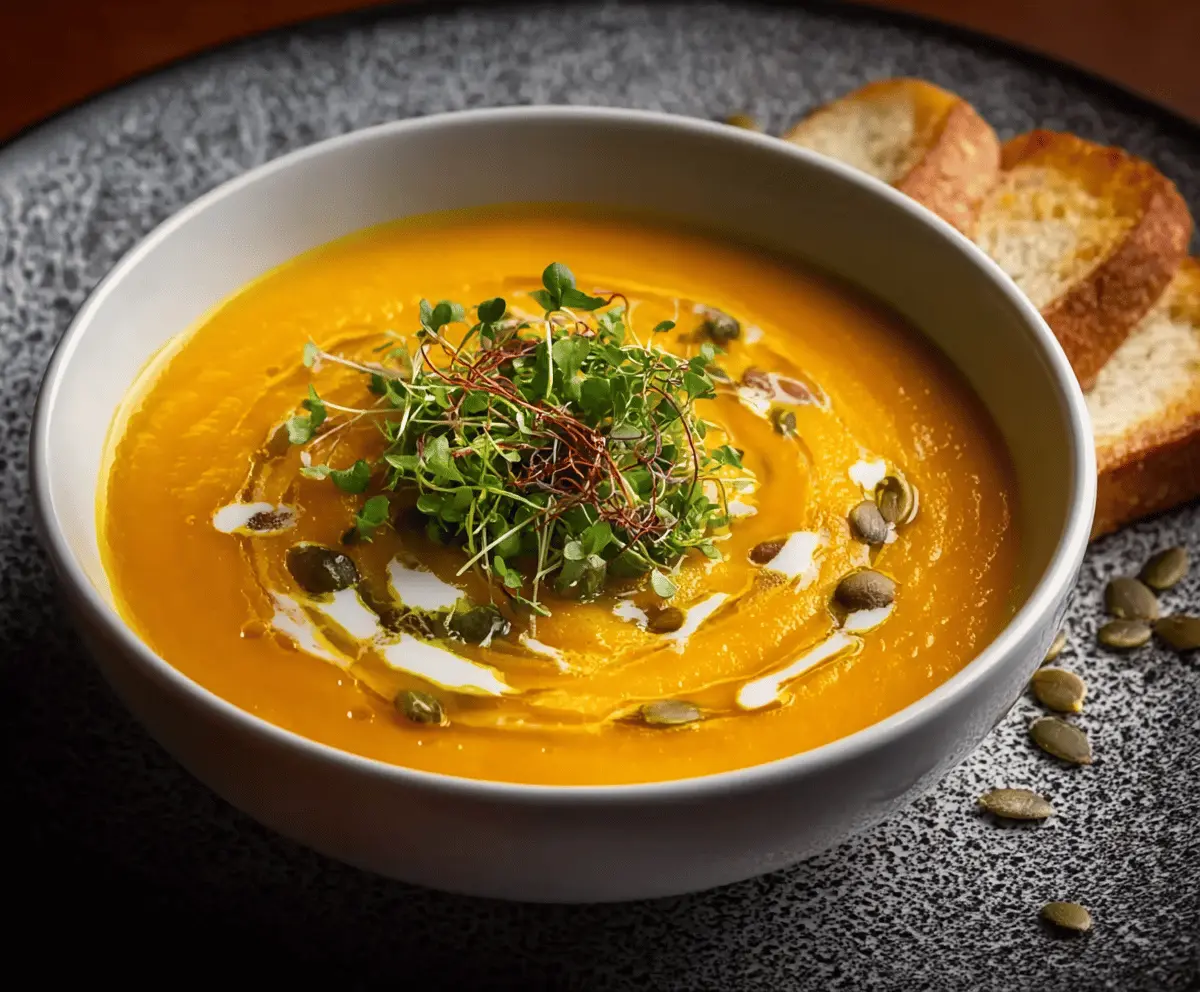 Creamy Gordon Ramsay-style butternut squash soup in a bowl garnished with herbs, perfect for a cozy homemade meal