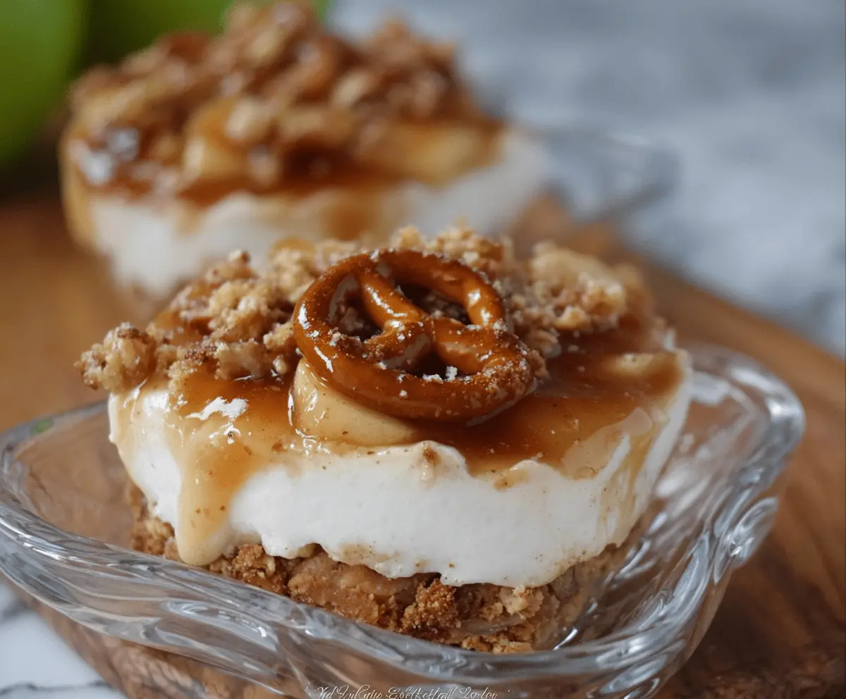 Creamy apple cinnamon pretzel salad with fresh apples, cinnamon-spiced filling, and crunchy pretzel crust, served as a delicious dessert or sweet treat.