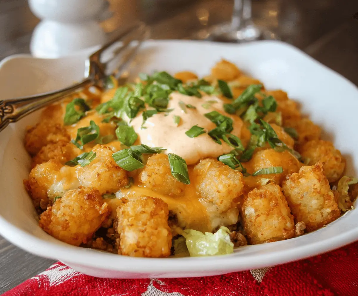 Delicious Big Mac-inspired tater tot casserole with ground beef, melted cheese, and crispy tater tots in a savory sauce.