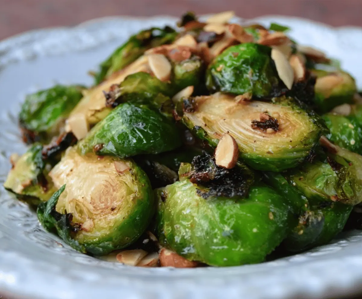 Delicious roasted Brussels sprouts topped with golden brown butter and crunchy almonds for a nutritious side dish.