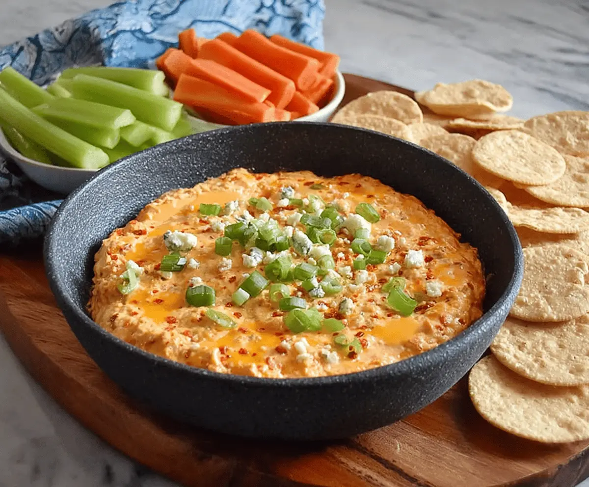 Creamy Buffalo Ranch Dip in a bowl with celery and carrot sticks for dipping, perfect for parties and snacks.