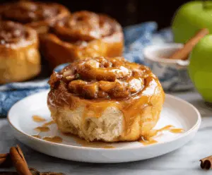 Delicious caramel apple cinnamon rolls topped with drizzled caramel and cinnamon sugar, perfect for a cozy breakfast or dessert.