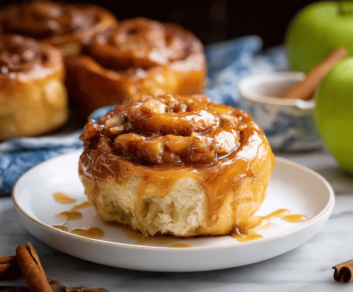 Delicious caramel apple cinnamon rolls topped with drizzled caramel and cinnamon sugar, perfect for a cozy breakfast or dessert.