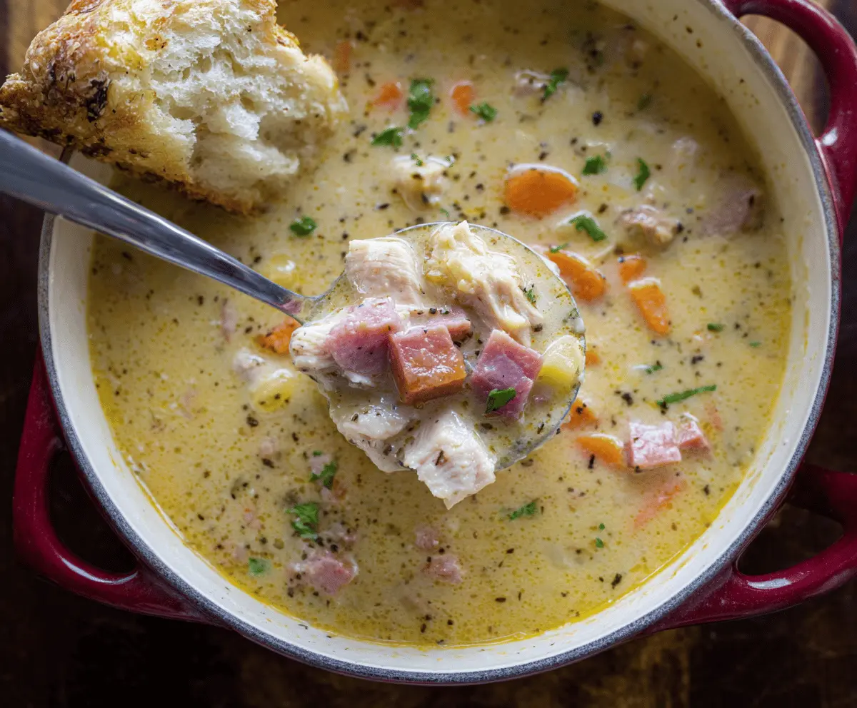 Creamy Chicken Cordon Bleu Soup with ham, cheese, and herbs served in a bowl, perfect for a comforting meal