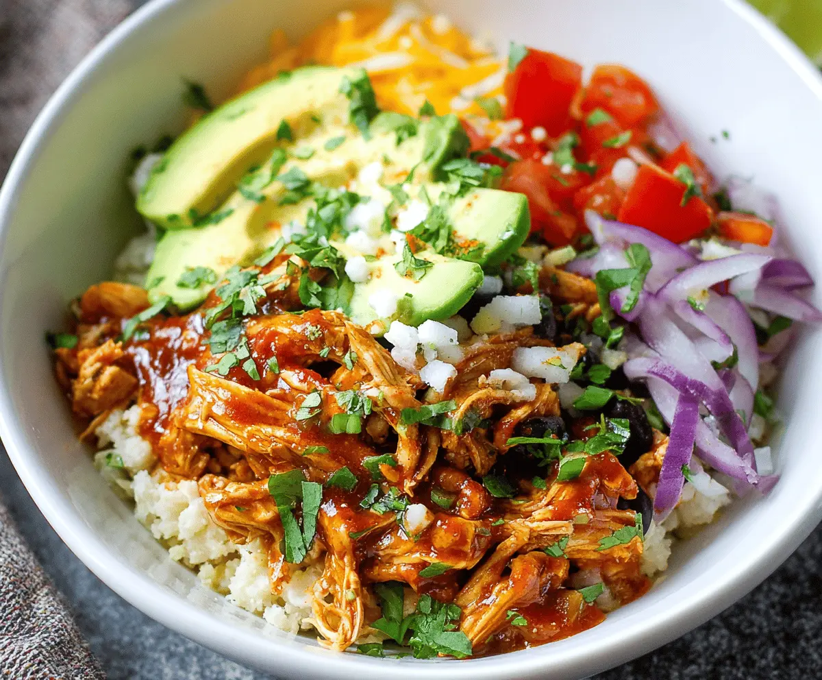Delicious chicken enchilada bowls served with cauliflower rice, topped with melted cheese, fresh cilantro, and diced tomatoes for a healthy, flavorful meal.