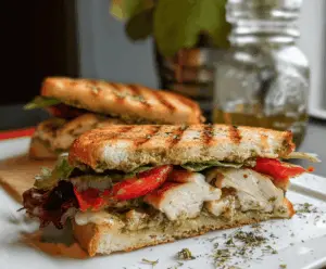 Delicious Chicken & Pesto Panini with melted cheese, fresh basil, and toasted bread ready to be enjoyed.