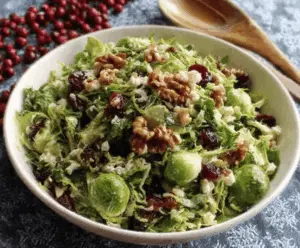 Festive Christmas Brussels Sprout Salad with cranberries and pecans, perfect for holiday meals.