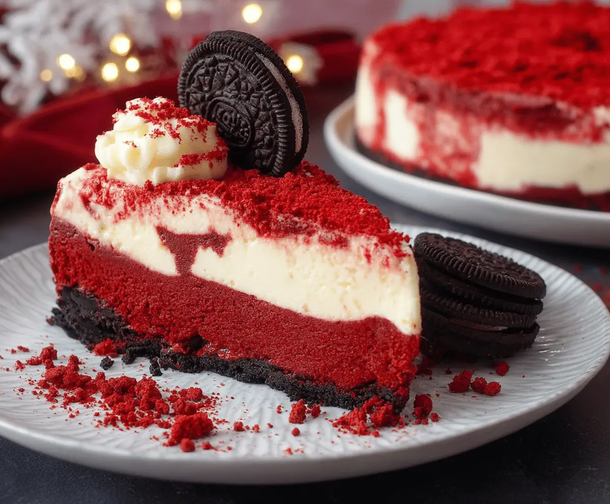 Christmas Red Velvet Cheesecake with Oreo Crust topped with festive decorations and cream cheese frosting.
