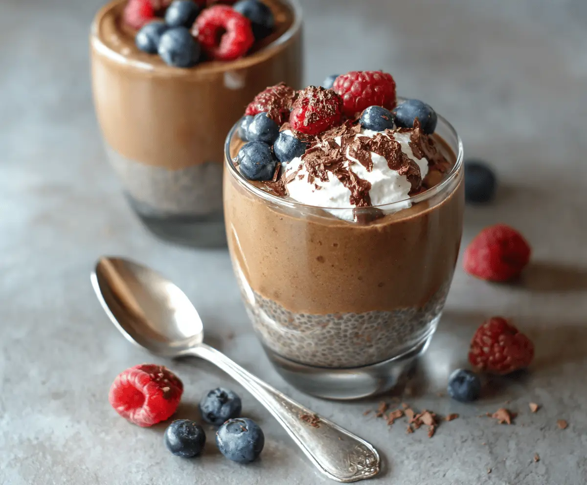 Creamy Coffee Mocha Chia Pudding topped with whipped cream and chocolate shavings, served in a glass bowl for a delicious breakfast or dessert.