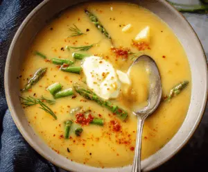 Creamy vegan potato soup garnished with fresh herbs in a rustic bowl, perfect for a cozy meal