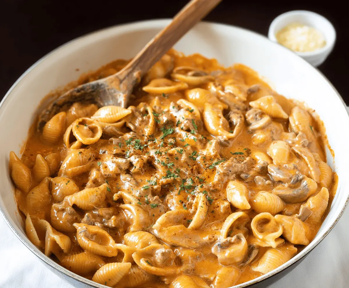 Creamy beef and pasta shells in a savory sauce served on a plate, featuring tender beef, melted cheese, and garnished with herbs