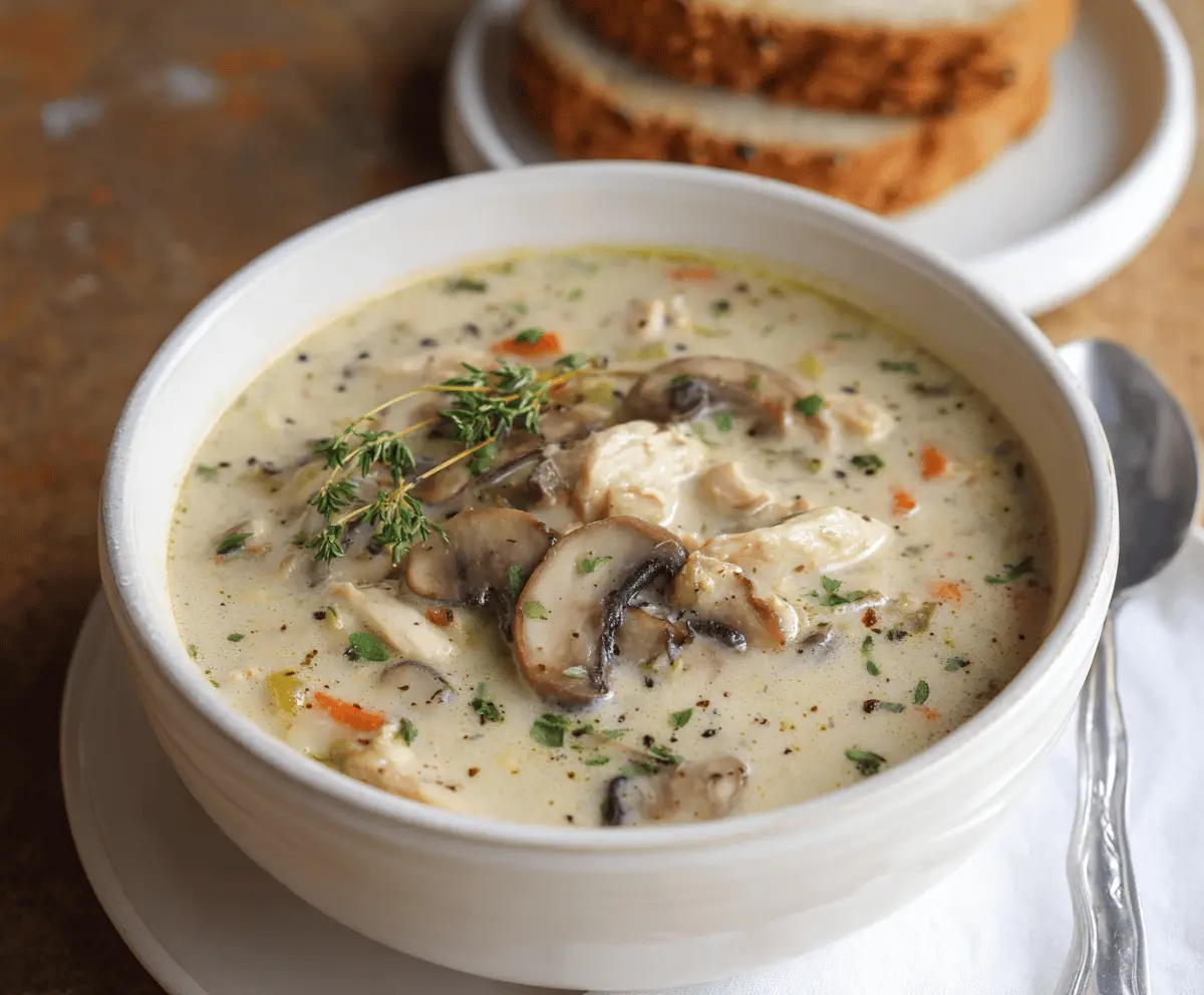 Creamy chicken and mushroom soup in a bowl garnished with fresh herbs, served hot with bread on the side.