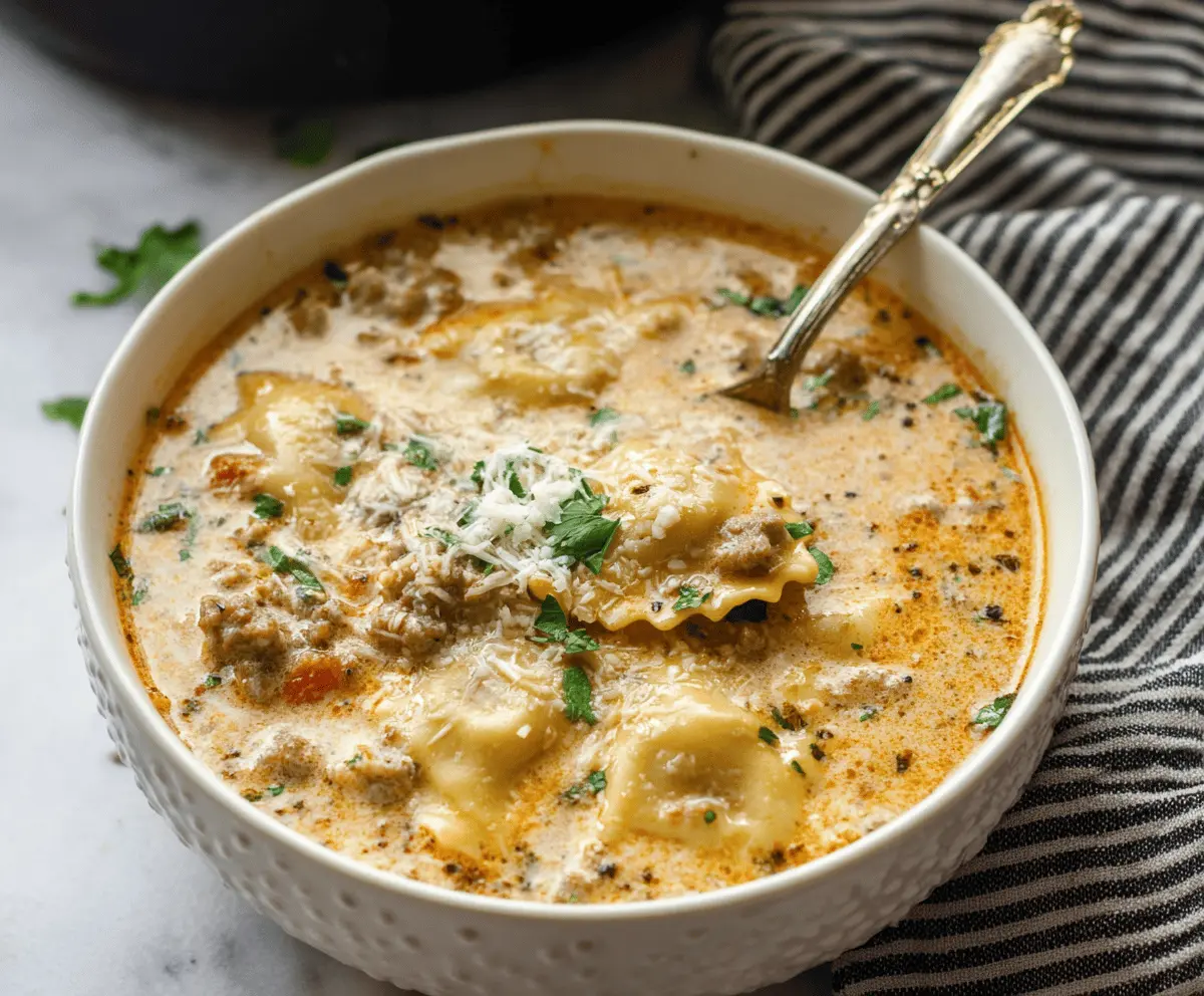 Creamy ravioli soup with sausage, garnished with fresh herbs, served in a bowl for a hearty, comforting meal.