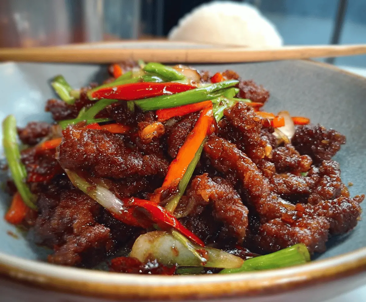 Delicious crispy chilli beef served with fresh vegetables on a white plate.