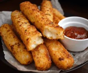 Golden crispy homemade potato cheese sticks served with dipping sauce, perfect for snacking or parties.