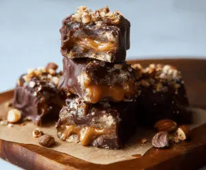Delicious homemade Date Snickers bars with caramel, peanuts, and chocolate coating on a plate