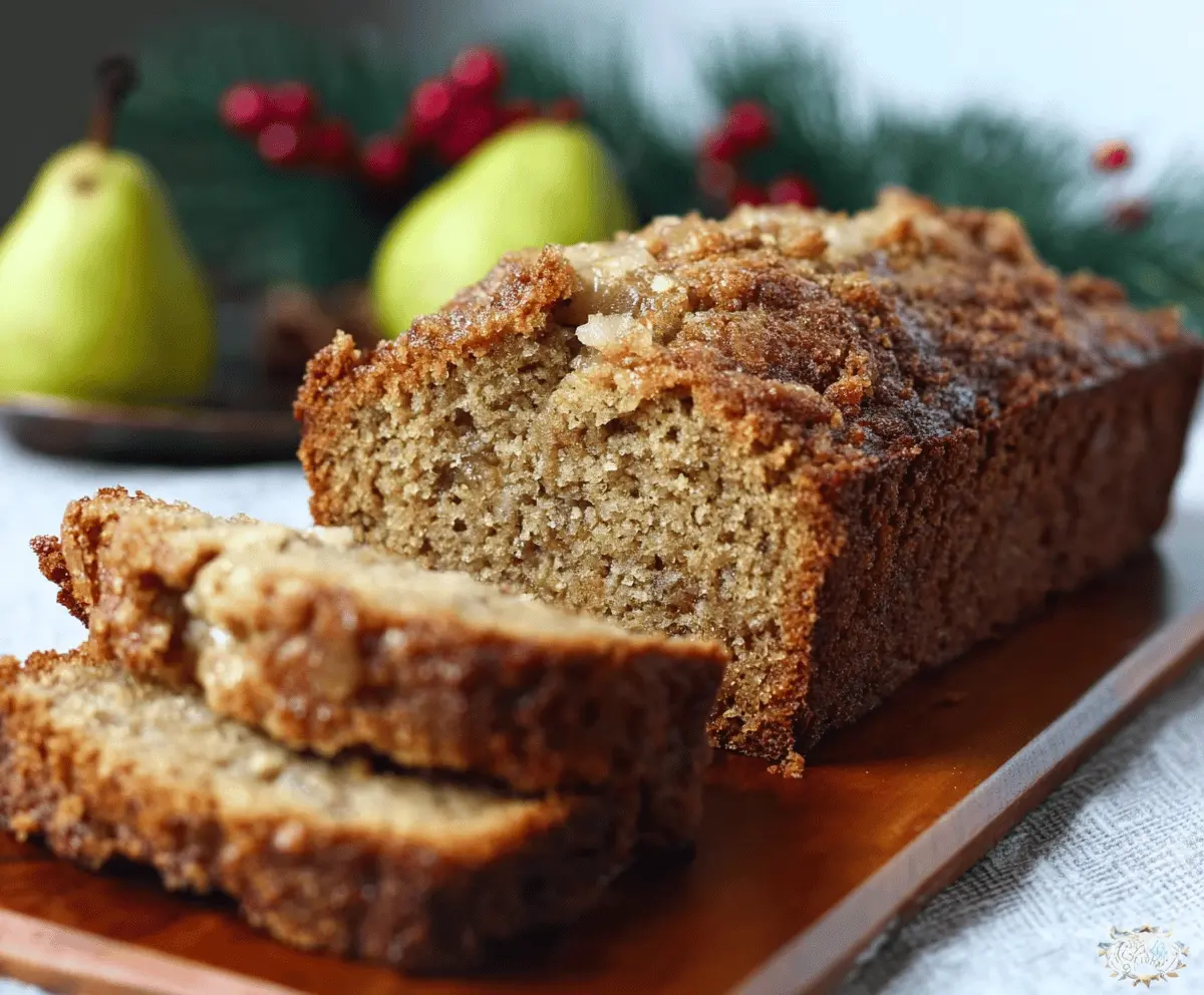 Golden slices of homemade ginger pear bread with a crispy crust and juicy pear chunks, perfect for a cozy breakfast or snack.