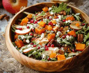 Colorful Fall Harvest Salad featuring roasted butternut squash, crisp apples, mixed greens, walnuts, and cranberries for a delicious autumn-inspired dish.