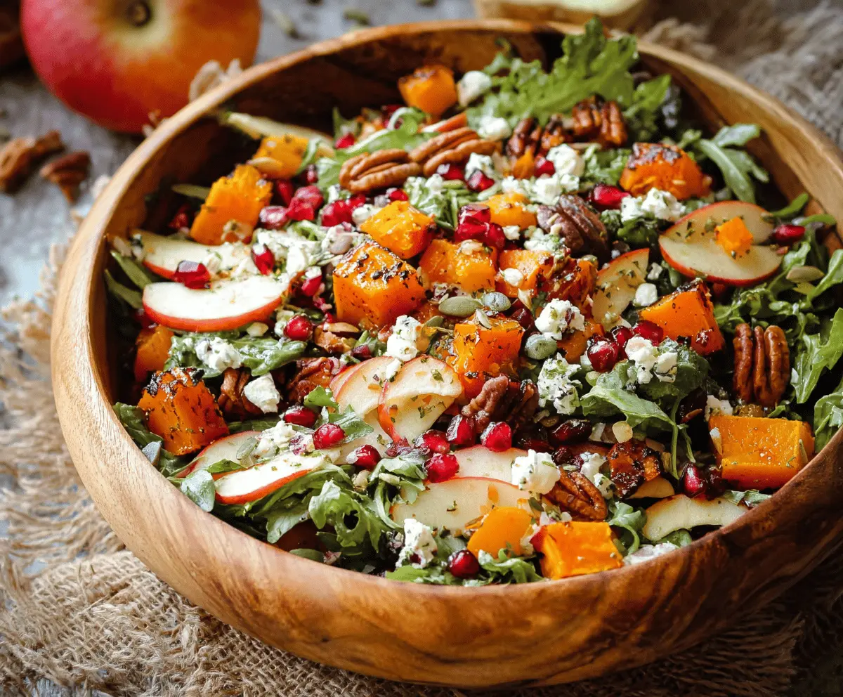 Colorful Fall Harvest Salad featuring roasted butternut squash, crisp apples, mixed greens, walnuts, and cranberries for a delicious autumn-inspired dish.