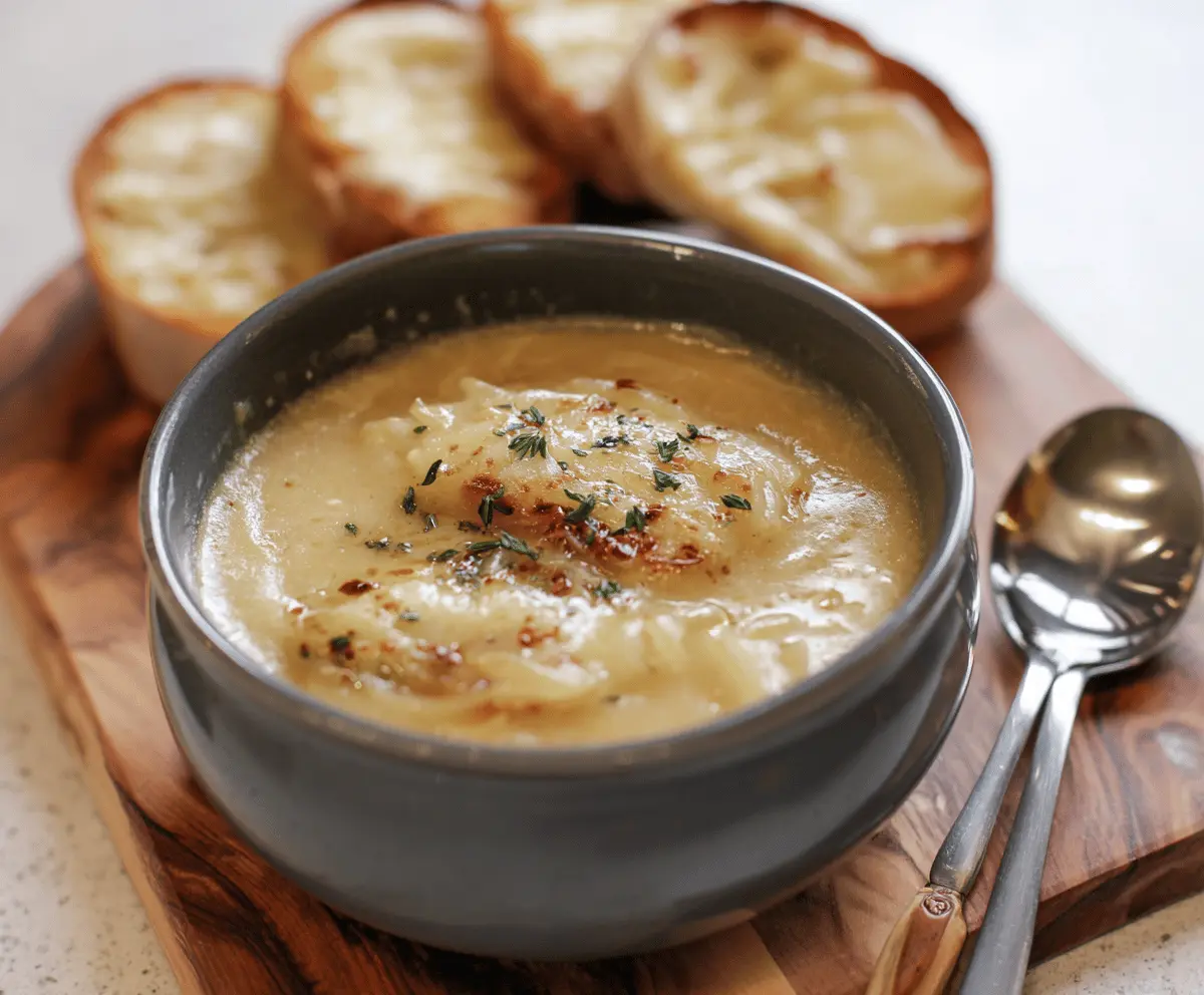 Creamy French Onion Chowder topped with melted cheese and crispy croutons, served in a rustic bowl, perfect for a comforting meal.