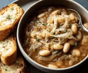 Creamy French Onion White Beans served in a bowl, topped with caramelized onions and fresh herbs, perfect for a flavorful vegetarian meal.