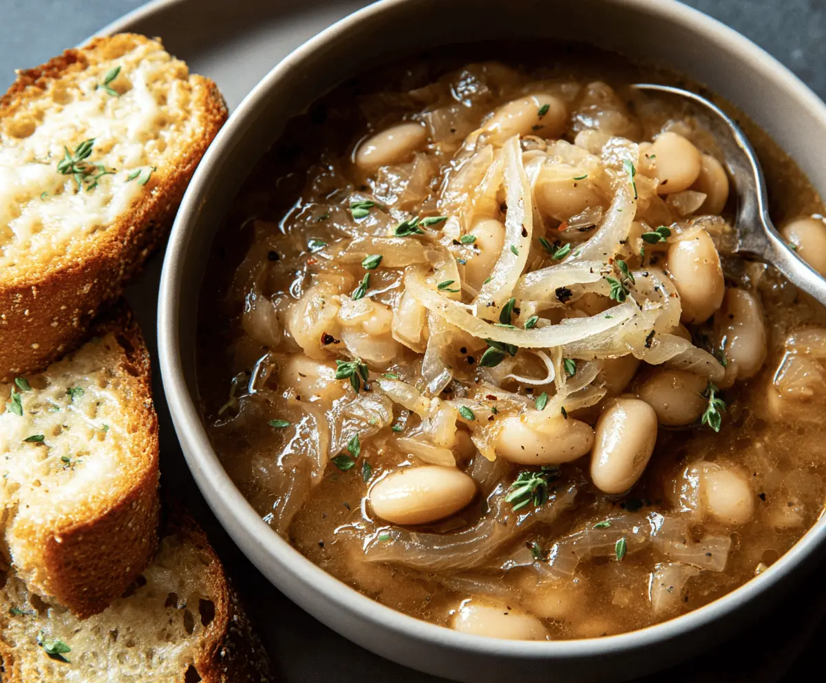 Creamy French Onion White Beans served in a bowl, topped with caramelized onions and fresh herbs, perfect for a flavorful vegetarian meal.