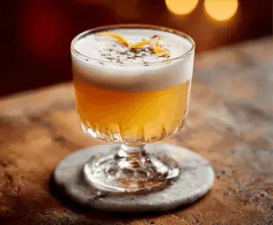 Refreshing Grant’s Smoky Maple Sour cocktail garnished with a cherry and lime slice.