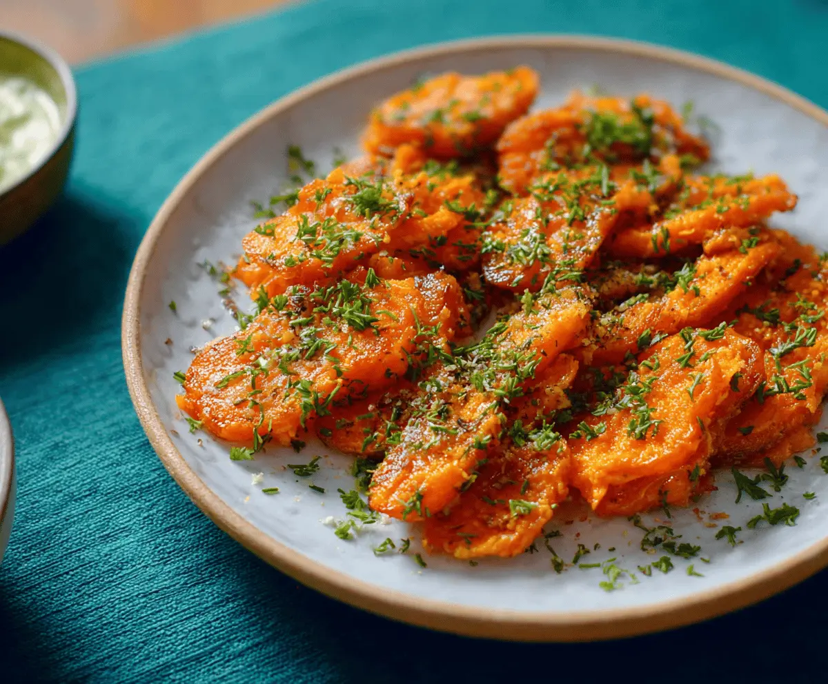 Colorful healthy smashed carrots garnished with fresh herbs, perfect for a nutritious side dish or snack