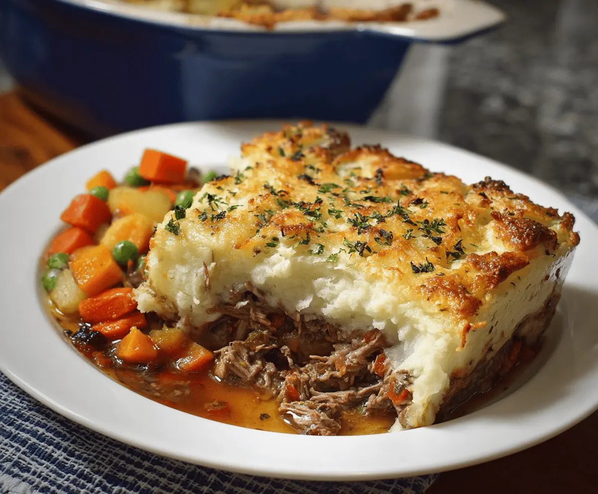 Delicious Hearty Shepherd's Pot Roast Pie with flaky crust and savory filling on a rustic table.