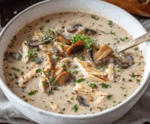 Delicious high-protein chicken and mushroom soup served in a bowl, perfect for a healthy meal.