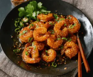 Spicy and sweet hot honey shrimp served on a white plate, garnished with fresh herbs and lemon wedges, perfect for a flavorful seafood appetizer or main course.