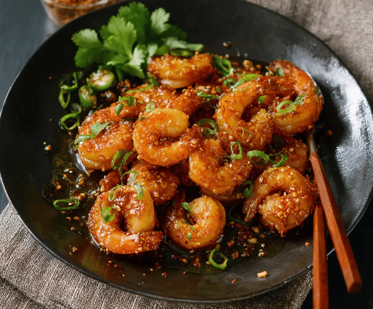 Spicy and sweet hot honey shrimp served on a white plate, garnished with fresh herbs and lemon wedges, perfect for a flavorful seafood appetizer or main course.