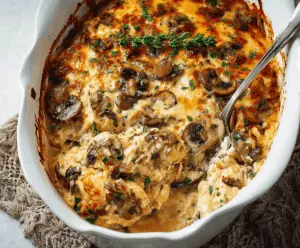 Delicious keto garlic mushroom chicken casserole topped with melted cheese, featuring tender chicken breasts, savory mushrooms, and fresh herbs, perfect for a low-carb meal.