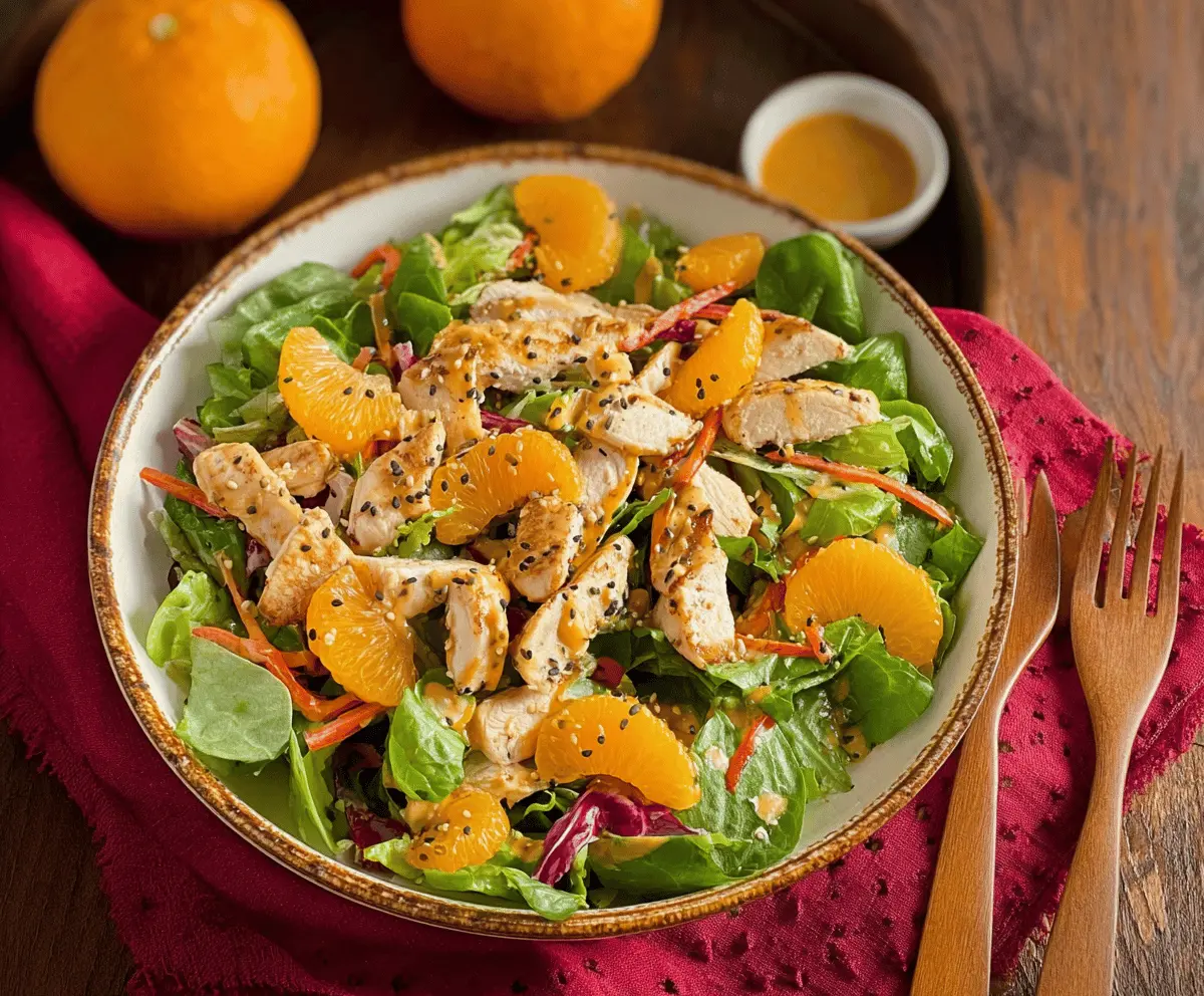 Colorful Mandarin Orange Chicken Salad with fresh greens, sliced chicken, orange segments, and crunchy toppings, perfect for a healthy, refreshing meal.