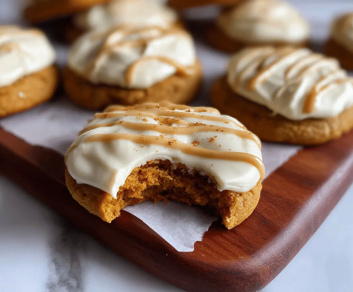 Delicious pumpkin cookies topped with creamy maple cream cheese frosting, perfect for fall desserts