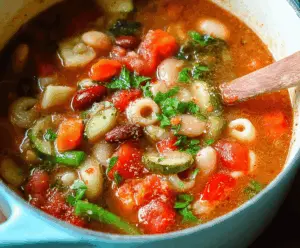 A steaming bowl of hearty minestrone soup filled with colorful vegetables, pasta, and beans, served in a rustic bowl with fresh herbs on top.