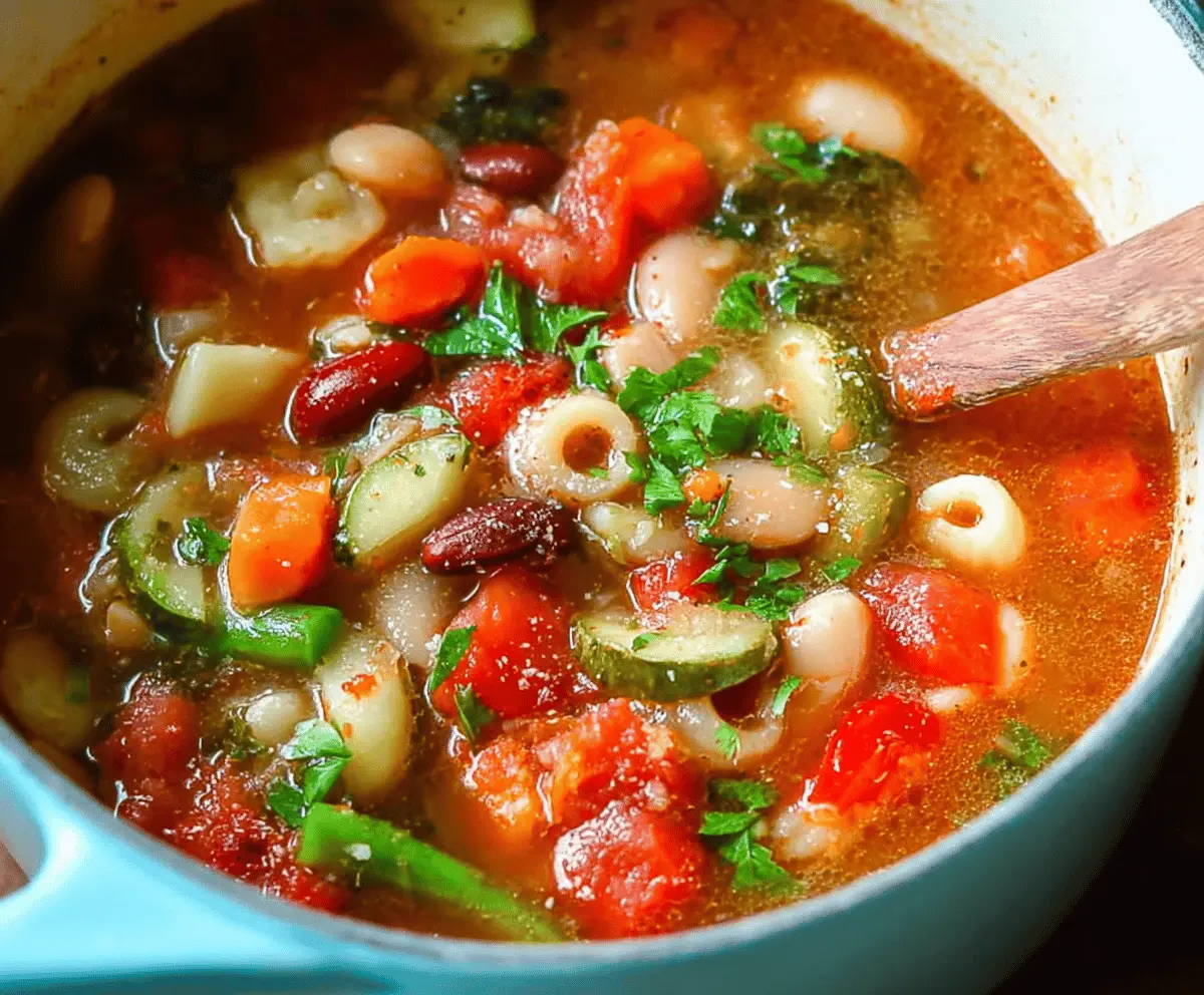 A steaming bowl of hearty minestrone soup filled with colorful vegetables, pasta, and beans, served in a rustic bowl with fresh herbs on top.