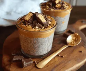 Creamy peanut butter cup chia pudding topped with chocolate and chopped peanuts, a delicious healthy dessert option