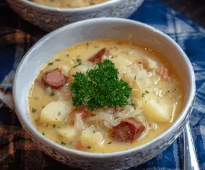 Creamy potato and tangy sauerkraut soup in a rustic bowl, garnished with fresh herbs, perfect for a comforting and flavorful meal.