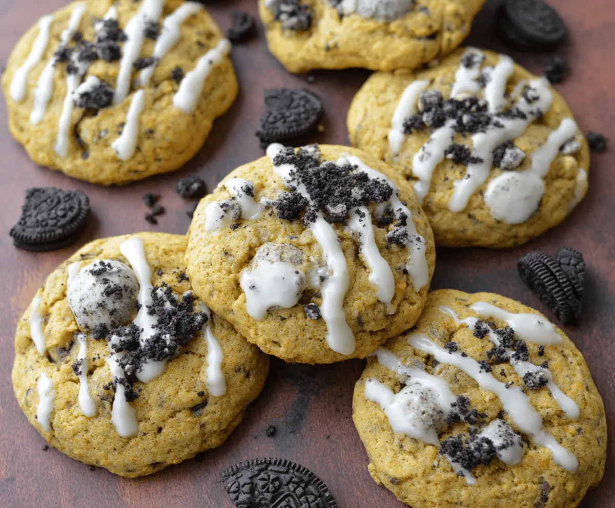 Delicious homemade Pumpkin Oreo White Chocolate Cookies with a festive autumn look and creamy white chocolate topping
