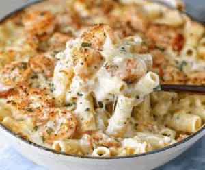 Delicious Shrimp Alfredo Bake with creamy Alfredo sauce, tender shrimp, and melted cheese served in a baking dish