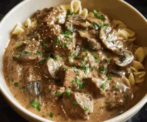 Delicious slow cooker beef stroganoff stew with tender beef, mushrooms, and creamy sauce served in a bowl.