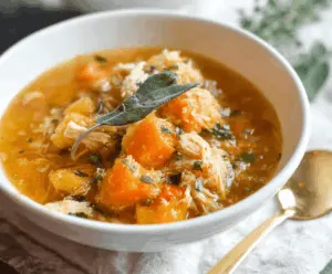 Delicious slow cooker chicken and butternut squash stew served in a bowl with fresh herbs and crusty bread on the side