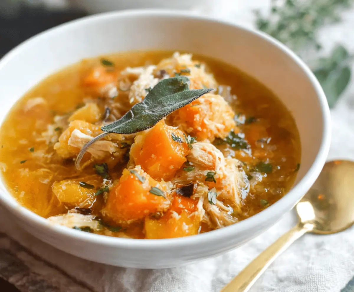 Delicious slow cooker chicken and butternut squash stew served in a bowl with fresh herbs and crusty bread on the side