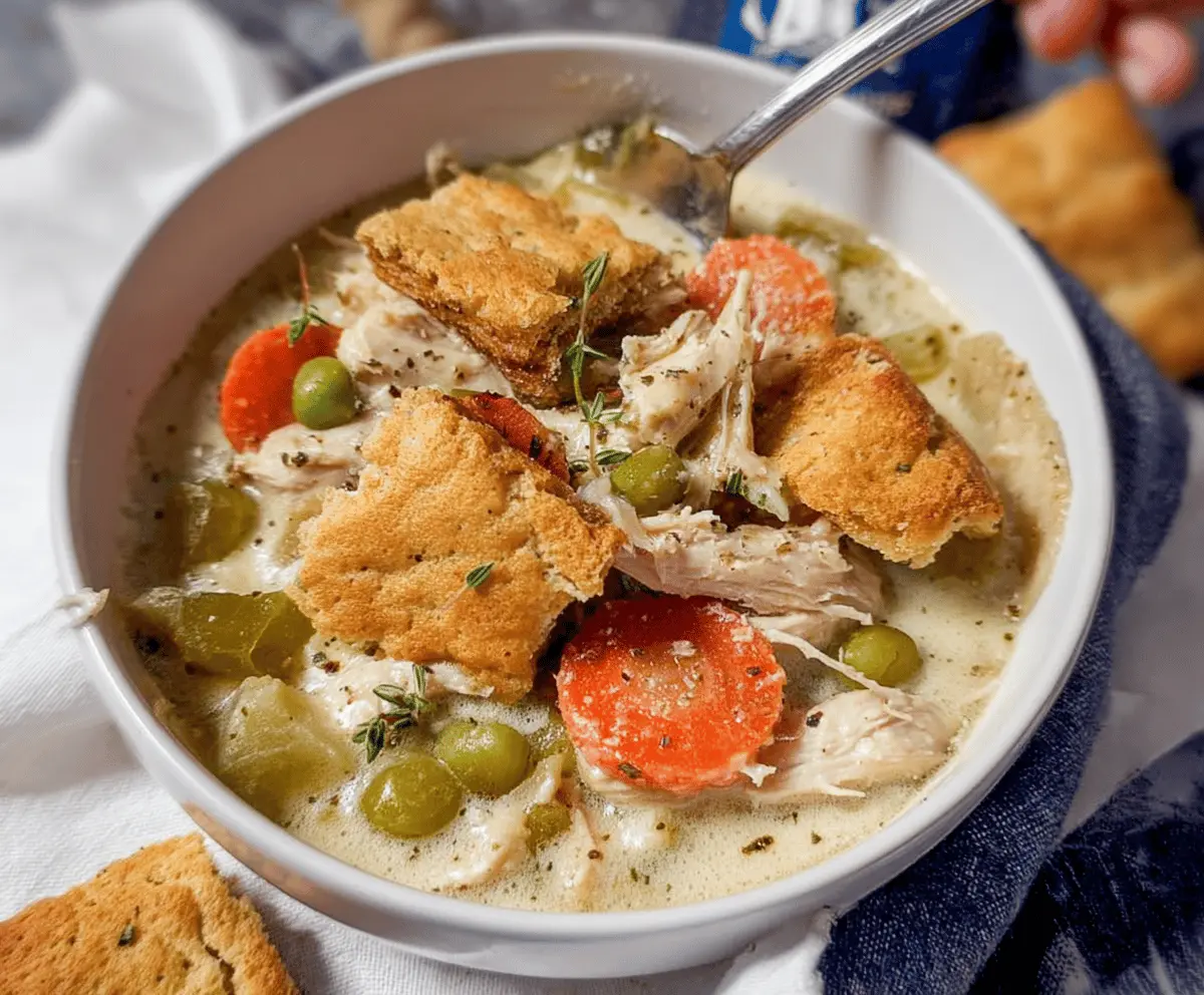 Creamy keto chicken pot pie soup in a slow cooker with vegetables and herbs, perfect for low-carb comfort meals