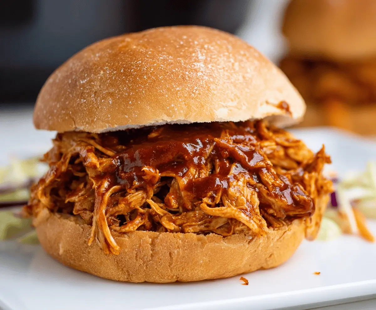 Juicy slow cooker pulled BBQ chicken topped with fresh herbs, served on a plate with side dishes